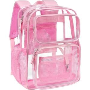 Clear Backpack, 17 inch Large Heavy Duty Bookbag, Reinforced PVC, Cute Pink